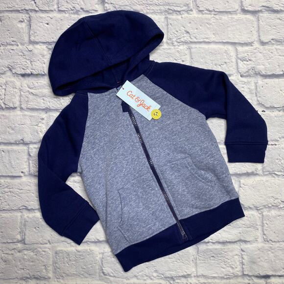 NEW Cat & Jack Hooded Zip Down Sweatshirt in Color-blocked Blue/Heathered Blue - Picture 1 of 5